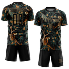 Load image into Gallery viewer, Custom Black Old Gold Tiger And Peacock Sublimation Soccer Uniform Jersey
