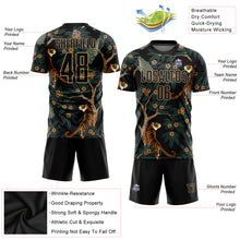 Load image into Gallery viewer, Custom Black Old Gold Tiger And Peacock Sublimation Soccer Uniform Jersey
