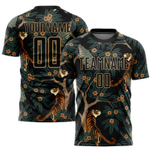 Load image into Gallery viewer, Custom Black Old Gold Tiger And Peacock Sublimation Soccer Uniform Jersey
