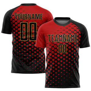 Custom Red Black-Old Gold Sublimation Soccer Uniform Jersey