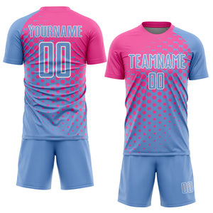 Custom Light Blue Pink-White Sublimation Soccer Uniform Jersey