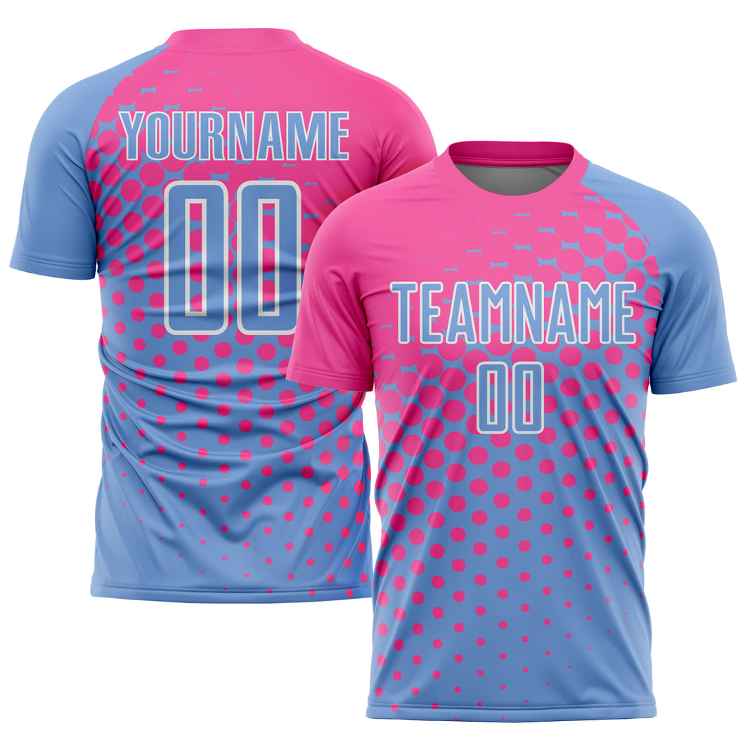 Custom Light Blue Pink-White Sublimation Soccer Uniform Jersey