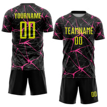 Load image into Gallery viewer, Custom Black Neon Yellow-Pink Sublimation Soccer Uniform Jersey

