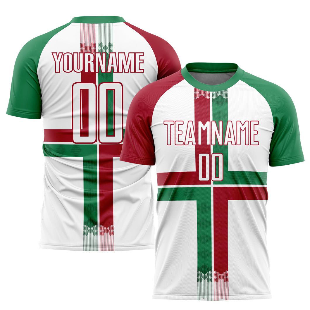 Custom White Kelly Green-Crimson Sublimation Mexico Soccer Uniform Jersey