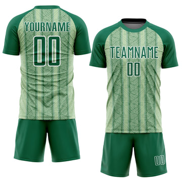 Custom Kelly Green Pea Green-White Ethnic Stripes Sublimation Soccer Uniform Jersey