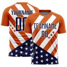 Load image into Gallery viewer, Custom Bay Orange Navy-White Vintage American Flag Sublimation Soccer Uniform Jersey
