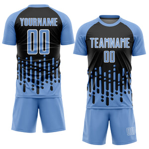 Custom Light Blue Black-White Abstract Fluid Wave Sublimation Soccer Uniform Jersey