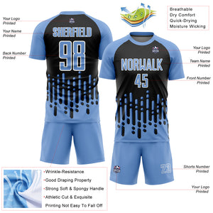 Custom Light Blue Black-White Abstract Fluid Wave Sublimation Soccer Uniform Jersey