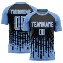 Load image into Gallery viewer, Custom Light Blue Black-White Abstract Fluid Wave Sublimation Soccer Uniform Jersey
