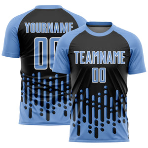 Custom Light Blue Black-White Abstract Fluid Wave Sublimation Soccer Uniform Jersey