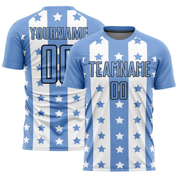 Custom Light Blue Black-White Stars And Stripes Sublimation Soccer Uniform Jersey