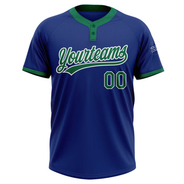 Custom Royal Kelly Green-White Two-Button Unisex Softball Jersey