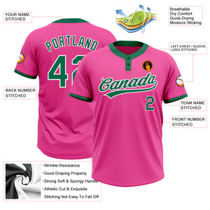 Custom Pink Kelly Green-White Two-Button Unisex Softball Jersey