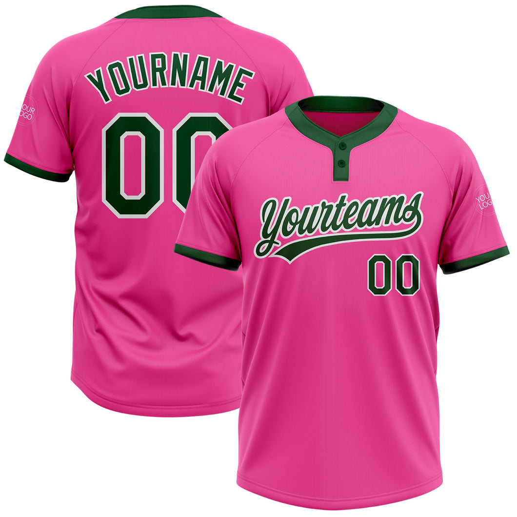 Custom Pink Green-White Two-Button Unisex Softball Jersey