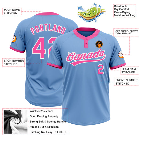 Custom Light Blue Pink-White Two-Button Unisex Softball Jersey Fast  Shipping – FiitgCustom