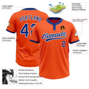 Custom Orange Royal-White Two-Button Unisex Softball Jersey