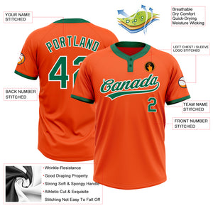 Custom Orange Kelly Green-White Two-Button Unisex Softball Jersey