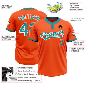 Custom Orange Teal-White Two-Button Unisex Softball Jersey