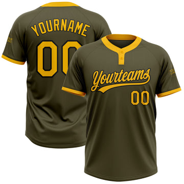 Custom Olive Gold-Black Salute To Service Two-Button Unisex Softball Jersey