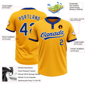 Custom Gold Royal-White Two-Button Unisex Softball Jersey