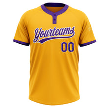 Load image into Gallery viewer, Custom Gold Purple-White Two-Button Unisex Softball Jersey
