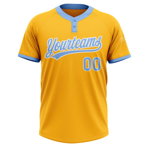 Custom Gold Light Blue-White Two-Button Unisex Softball Jersey