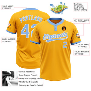 Custom Gold Light Blue-White Two-Button Unisex Softball Jersey