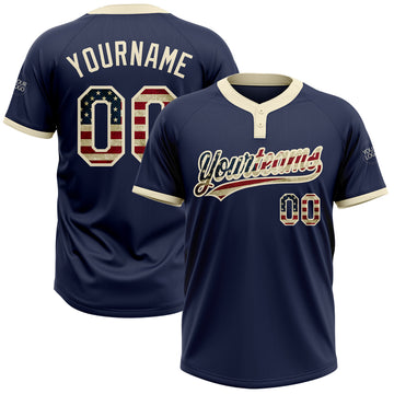 Custom Navy Vintage USA Flag-Cream Two-Button Unisex Softball Jersey