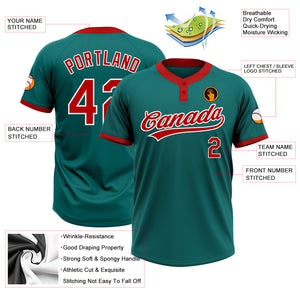 Custom Teal Red-White Two-Button Unisex Softball Jersey