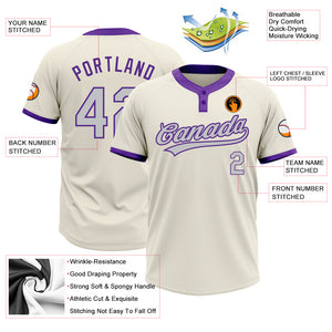 Custom Cream Gray-Purple Two-Button Unisex Softball Jersey