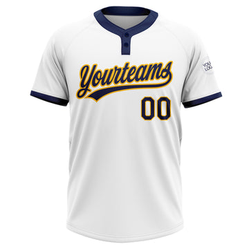 Custom White Navy-Gold Two-Button Unisex Softball Jersey
