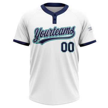 Custom White Navy Gray-Teal Two-Button Unisex Softball Jersey