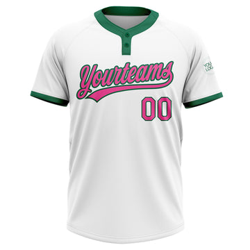 Custom White Pink-Kelly Green Two-Button Unisex Softball Jersey