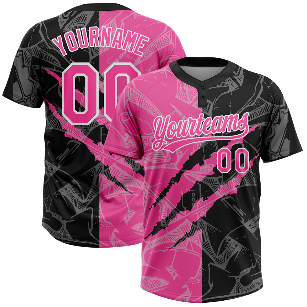 Custom Graffiti Pattern Pink-Black 3D Two-Button Unisex Softball Jersey