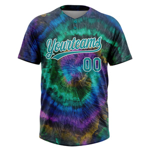 Custom Tie Dye Teal-White 3D Two-Button Unisex Softball Jersey