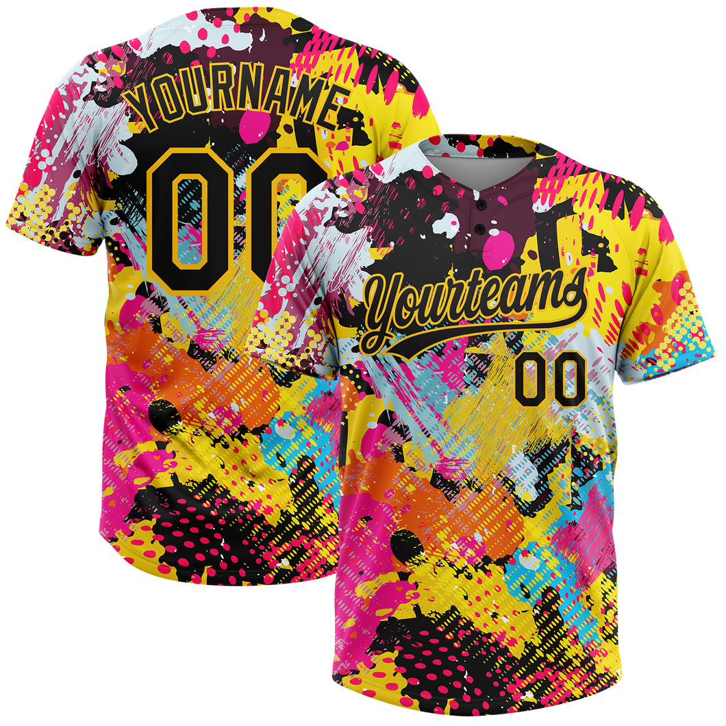 Custom Graffiti Pattern Black-Gold 3D Bright Psychedelic Two-Button Unisex Softball Jersey