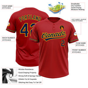 Custom Red Navy-Yellow Two-Button Unisex Softball Jersey