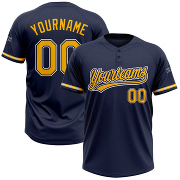 Custom Navy Gold-White Two-Button Unisex Softball Jersey