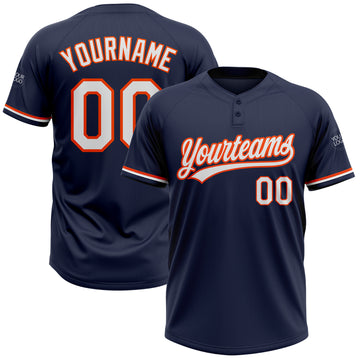 Custom Navy White-Orange Two-Button Unisex Softball Jersey