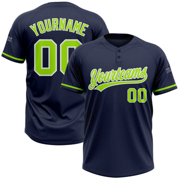 Custom Navy Neon Green-White Two-Button Unisex Softball Jersey