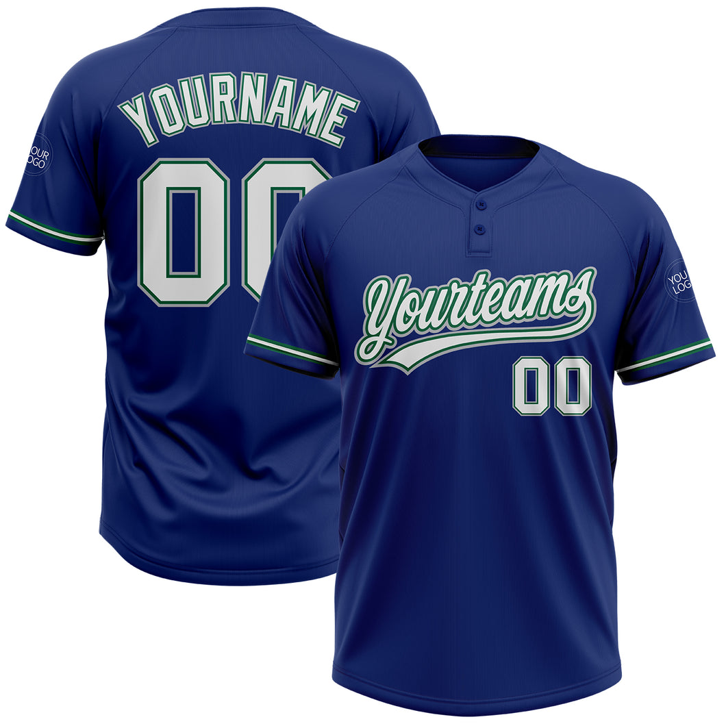 Custom Royal White Kelly Green-Gray Two-Button Unisex Softball Jersey