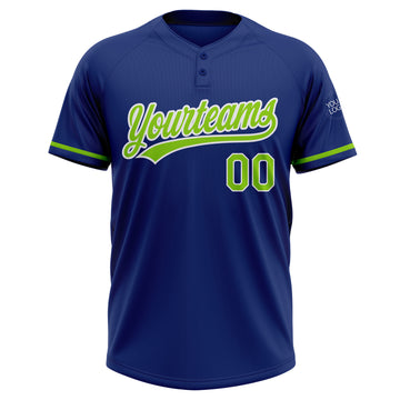 Custom Royal Neon Green-White Two-Button Unisex Softball Jersey