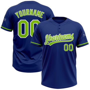 Custom Royal Neon Green-White Two-Button Unisex Softball Jersey