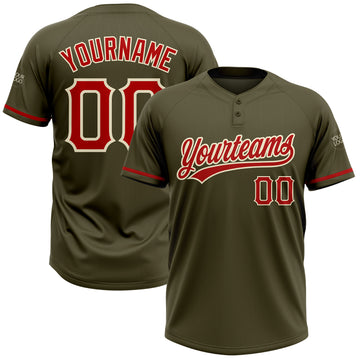 Custom Olive Red-Cream Salute To Service Two-Button Unisex Softball Jersey