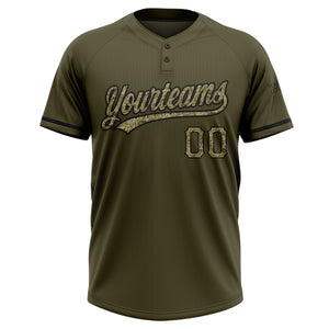 Custom Olive Camo-Black Salute To Service Two-Button Unisex Softball Jersey