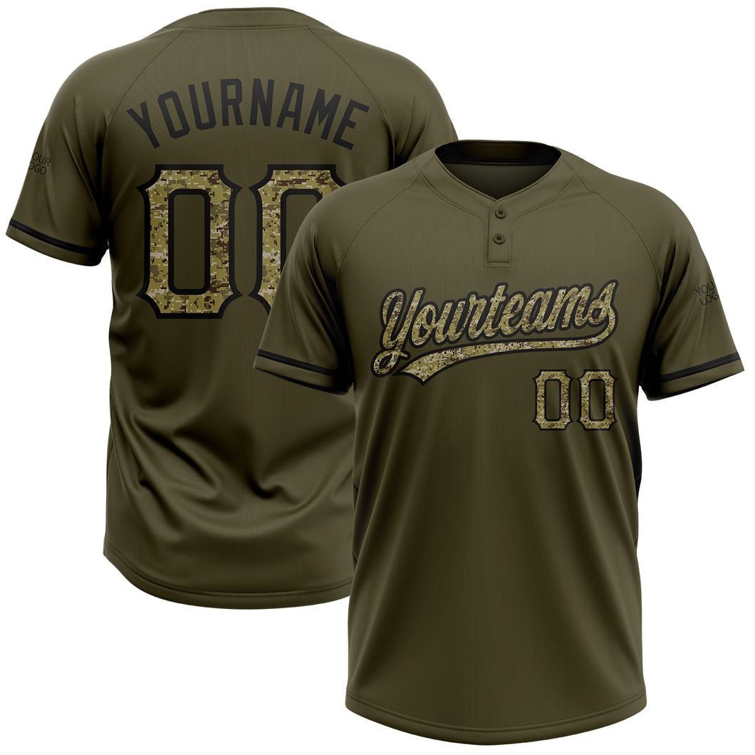 Custom Olive Camo-Black Salute To Service Two-Button Unisex Softball Jersey