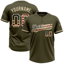 Load image into Gallery viewer, Custom Olive Vintage USA Flag-City Cream Salute To Service Two-Button Unisex Softball Jersey
