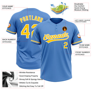 Custom Powder Blue Yellow-White Two-Button Unisex Softball Jersey