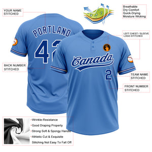 Custom Powder Blue Royal-White Two-Button Unisex Softball Jersey