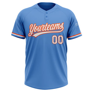 Custom Powder Blue White-Orange Two-Button Unisex Softball Jersey